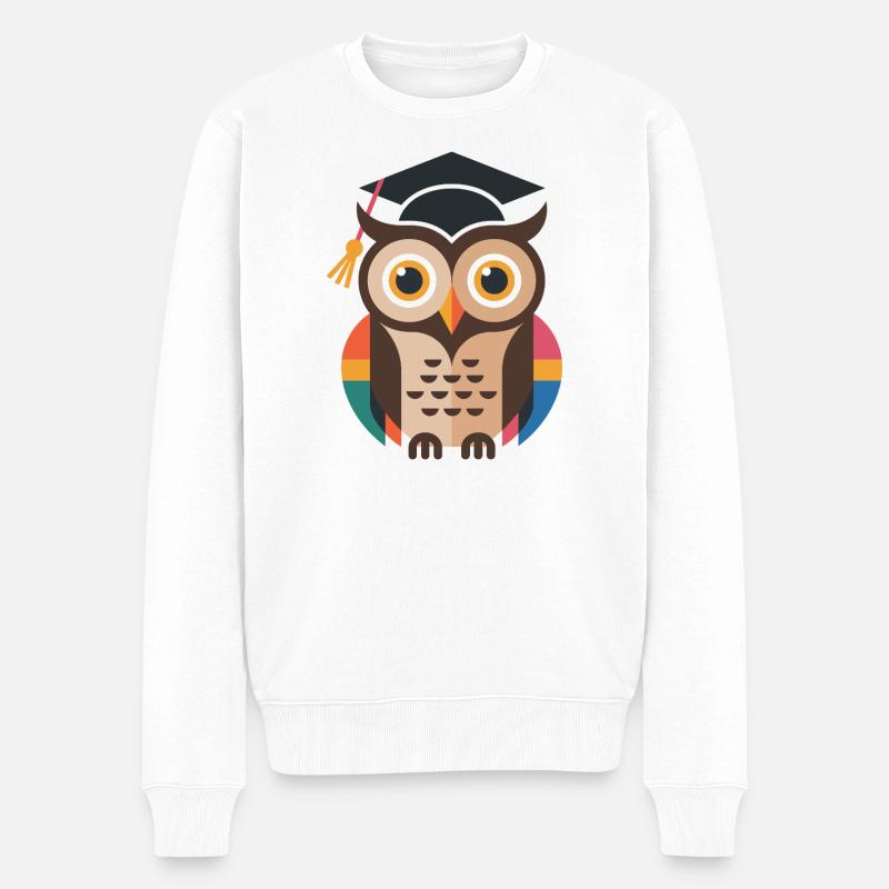 Bunte Abschluss-Eule mit bunten Gefieder - Männer Premium Bio Pullover - Weiß