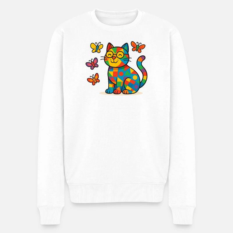 Patchwork-Katze und Schmetterlinge - Männer Premium Bio Pullover - Weiß