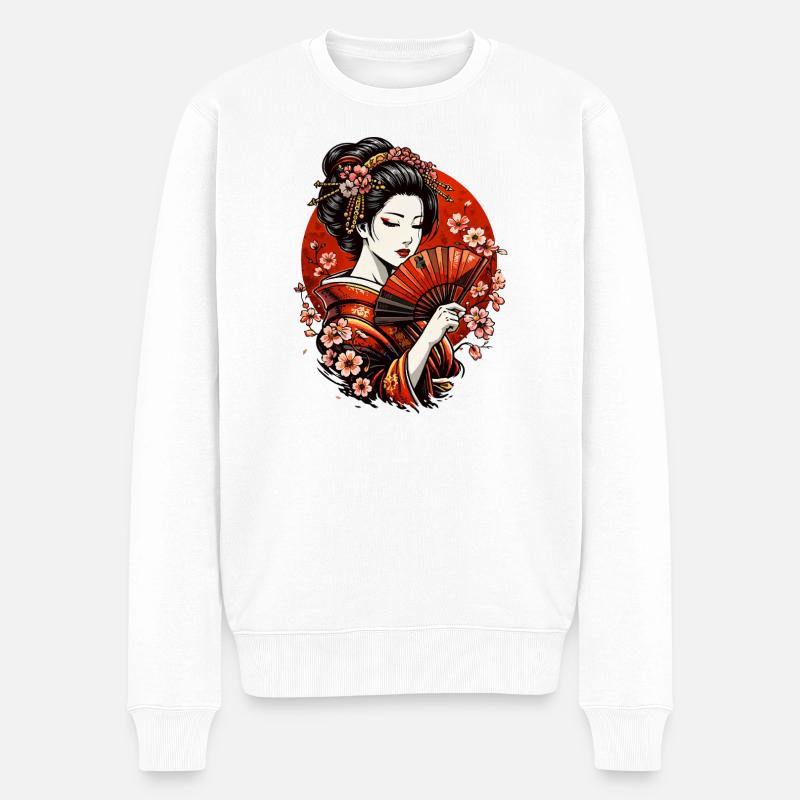 Geisha mit Fächer und Kirschblüten - Männer Premium Bio Pullover - Weiß