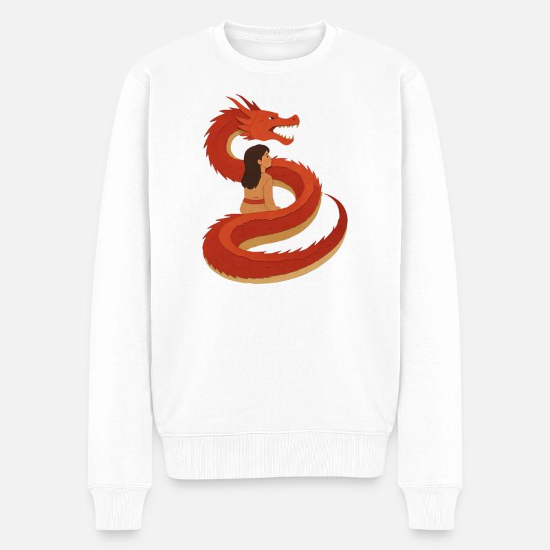 Drachenumarmung: Feurige Schlange und Jungfrau - Männer Premium Bio Pullover - Weiß