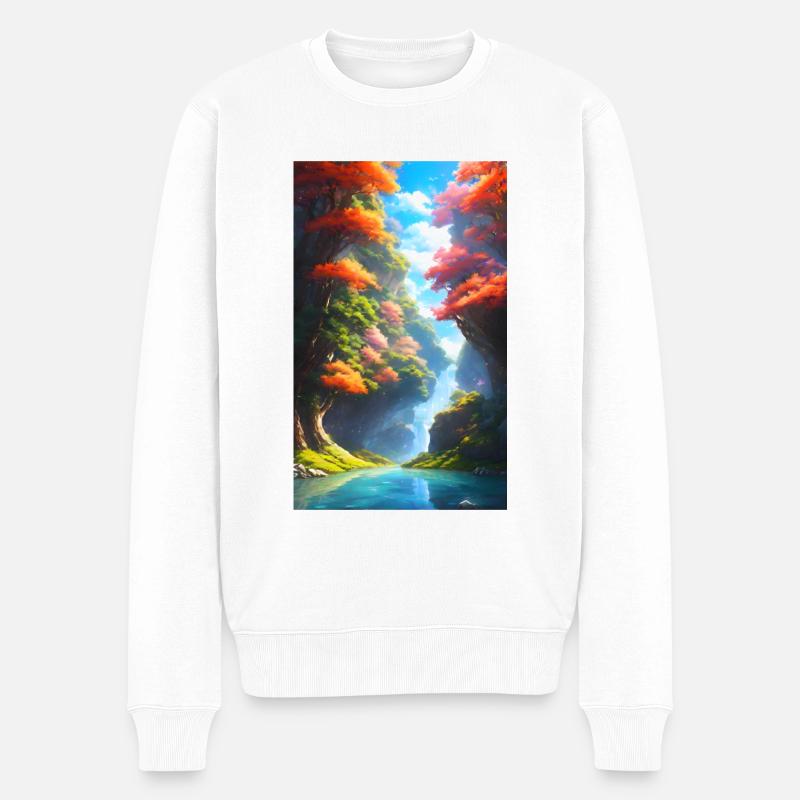 Üppiger & bunter Anime-Fluss mit Bäumen - Männer Premium Bio Pullover - Weiß