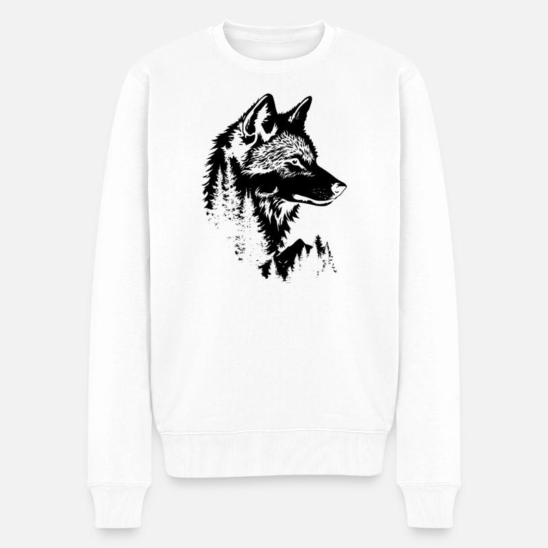 Wolf Gesicht Wald Silhouette - Männer Premium Bio Pullover - Weiß