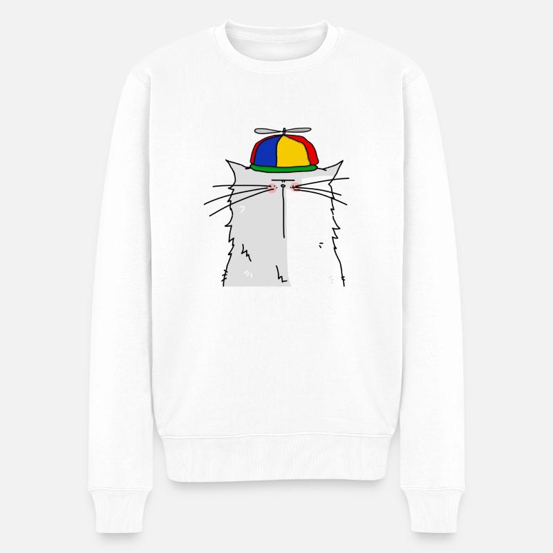 Katze mit Propellermütze - Männer Premium Bio Pullover - Weiß