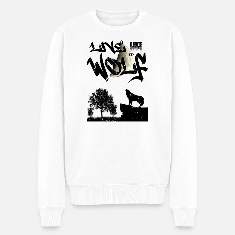Lebe wie ein Wolf - Männer Premium Bio Pullover - Weiß