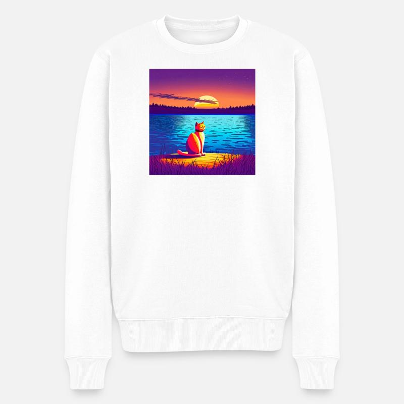 Chat profitant du coucher de soleil - Pull Premium bio Homme - blanc