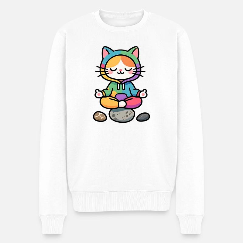 Meditative Regenbogen-Zen-Katze - Männer Premium Bio Pullover - Weiß