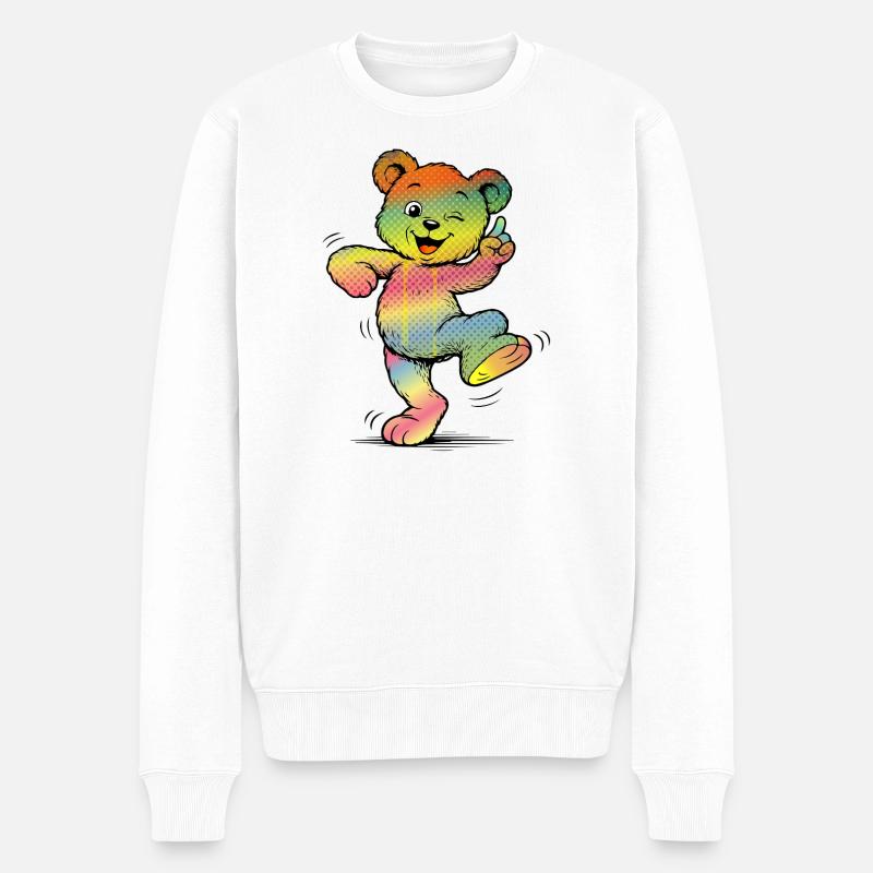 Bunter Cartoon Bär Regenbogen Neon Style  - Männer Premium Bio Pullover - Weiß