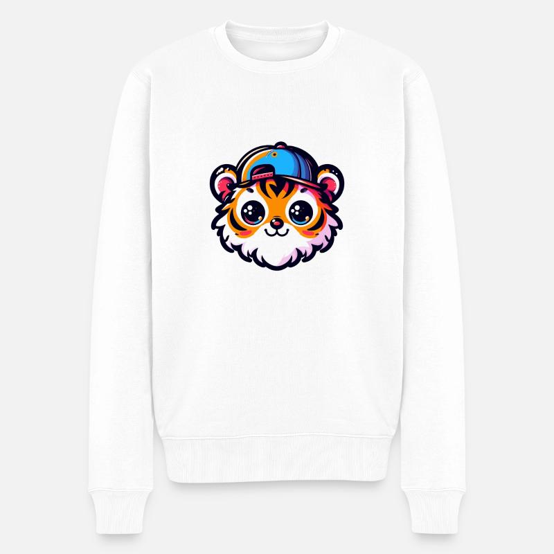 Kawaii Tigerkopf mit Kappe - Männer Premium Bio Pullover - Weiß