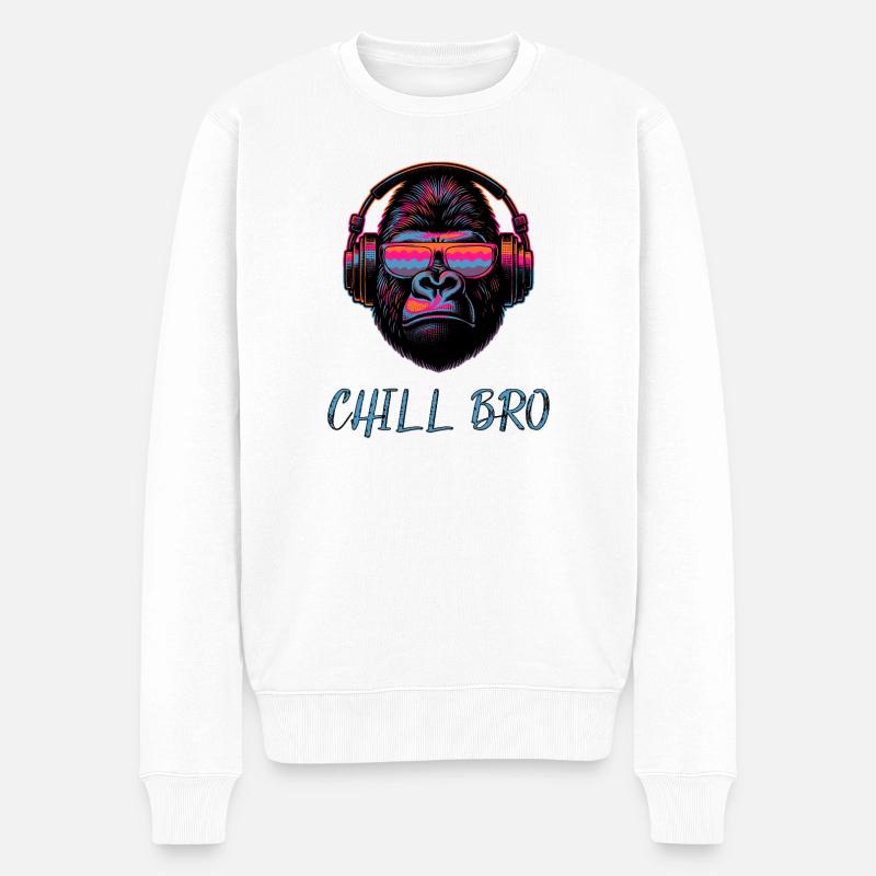 CHILL BRO - Cooler Affe mit Sonnenbrille Kopfhörer - Männer Premium Bio Pullover - Weiß