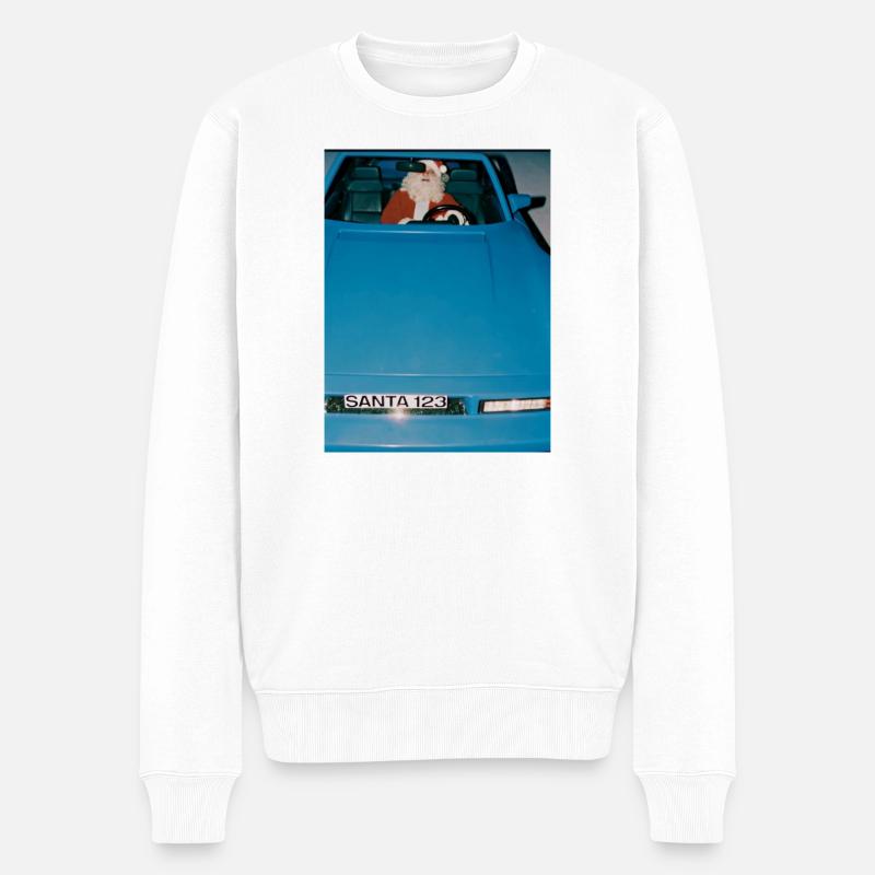 Weihnachtsmann im Sportwagen - Männer Premium Bio Pullover - Weiß