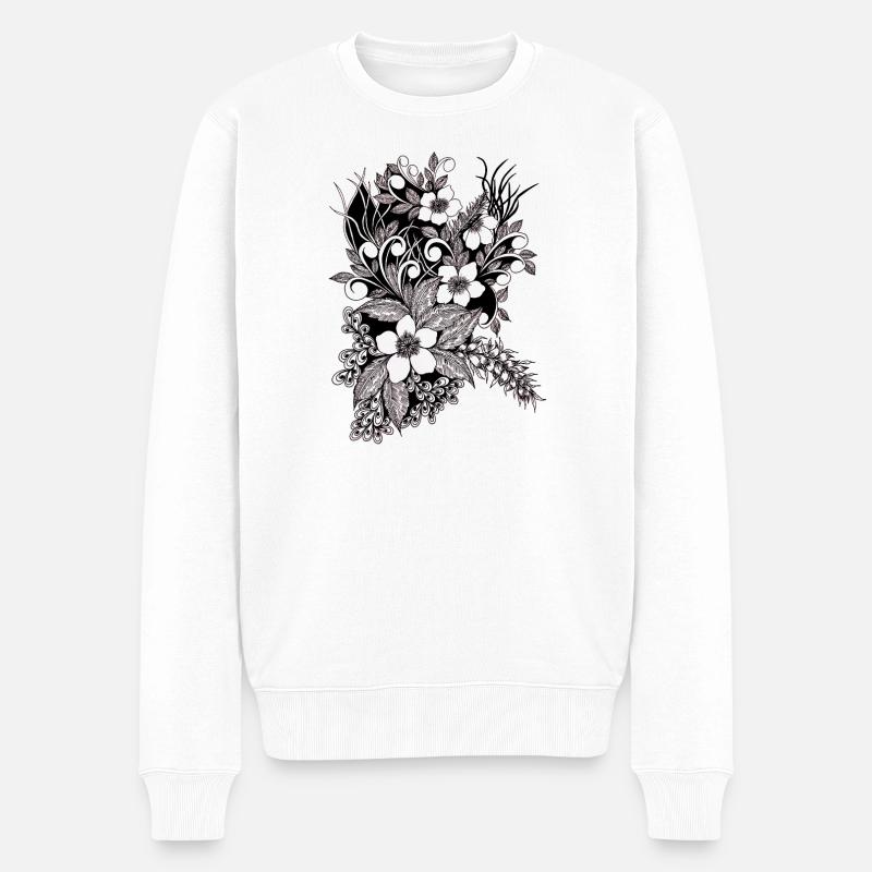 Schwarze Floral Ornamentblüten Muster - Männer Premium Bio Pullover - Weiß