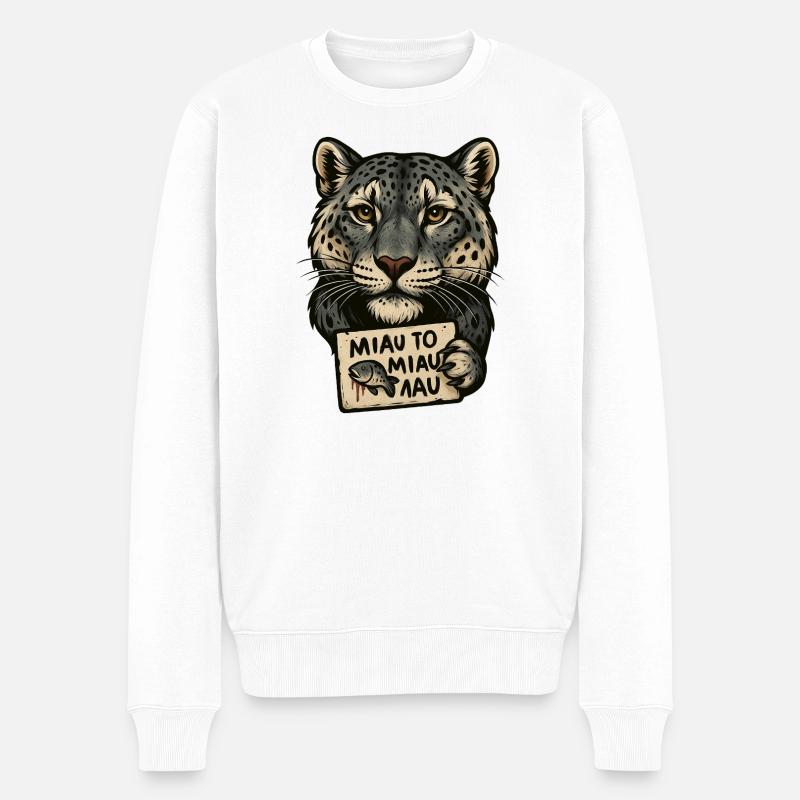 Leopard mit Schild Miau Sign - Männer Premium Bio Pullover - Weiß