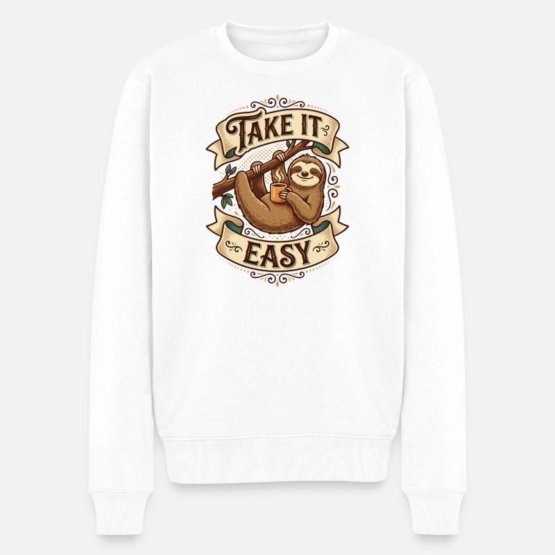 Take It Easy Faultier Motiv - Männer Premium Bio Pullover - Weiß