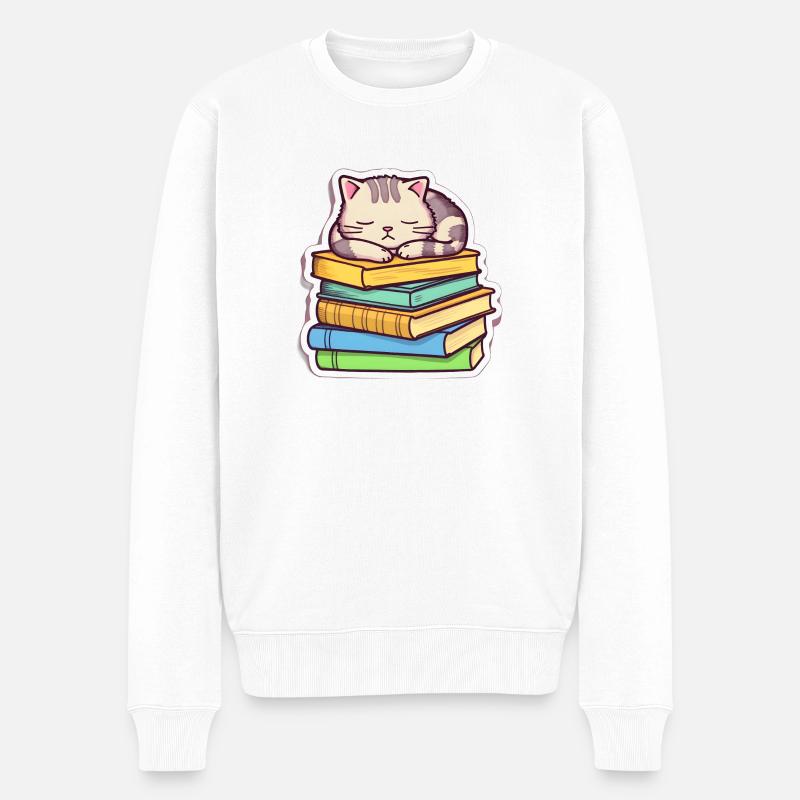 Chat de livre couché - Pull Premium bio Homme - blanc