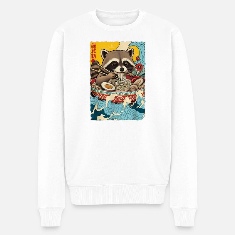 Waschbaer isst Ramen Nudeln - Männer Premium Bio Pullover - Weiß