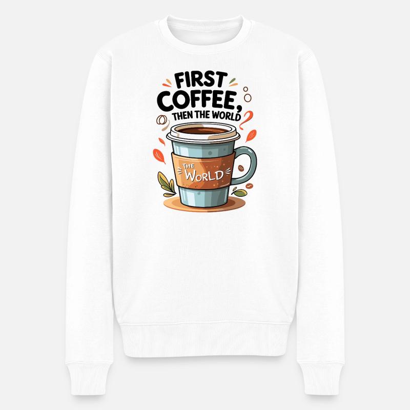 Kaffeetasse mit Zitat und Naturmotiven - Männer Premium Bio Pullover - Weiß