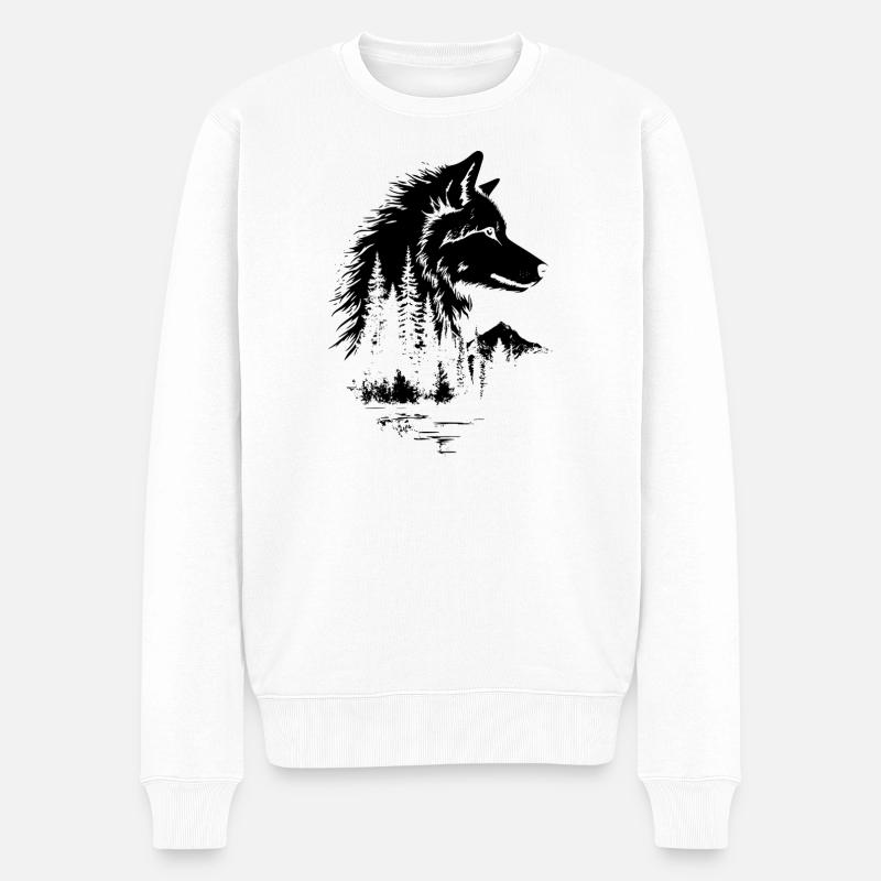 Wolf Gesicht Wald Silhouette - Männer Premium Bio Pullover - Weiß