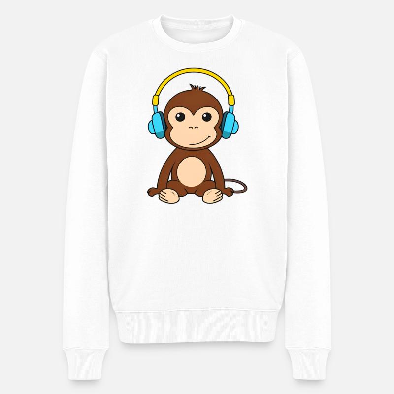 Niedlicher Affe mit Kopfhörern Design - Männer Premium Bio Pullover - Weiß