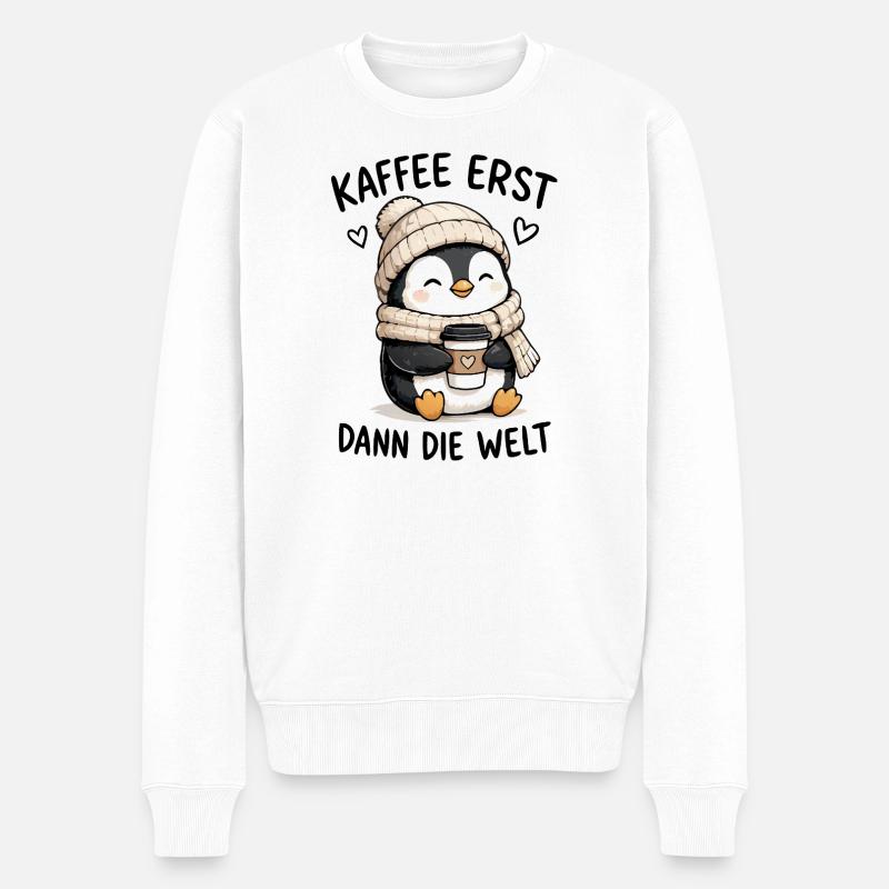 Kaffee zuerst Pinguin - Männer Premium Bio Pullover - Weiß
