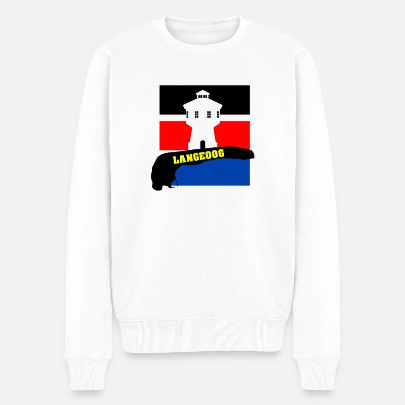Langeoog mit Wasserturm, Fahne & Umriss - Männer Premium Bio Pullover - Weiß