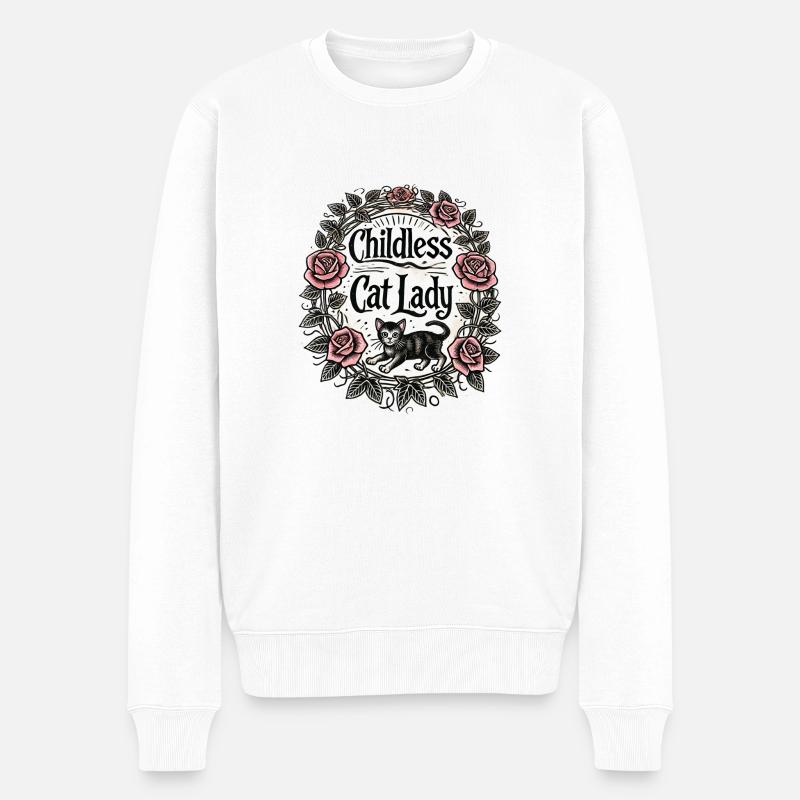 Kinderlose Katzendame - Männer Premium Bio Pullover - Weiß