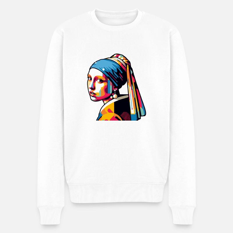 Mädchen mit Perlenohrring modern - Männer Premium Bio Pullover - Weiß
