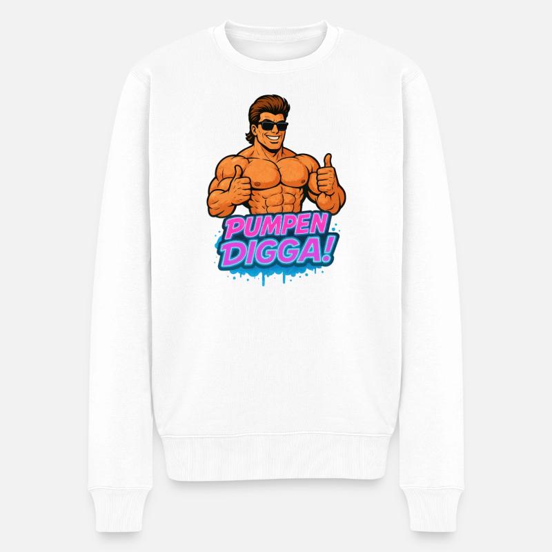 PUMPEN DIGGA Muskelheld Cartoon Bodybuilder - Männer Premium Bio Pullover - Weiß