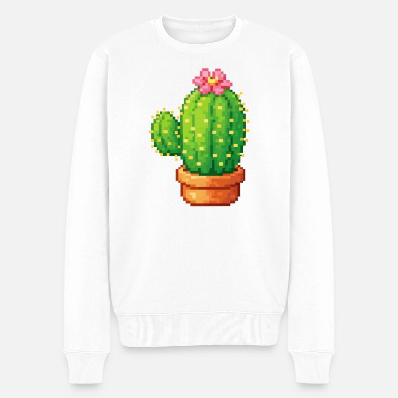Pixelkaktus mit Blüte - Männer Premium Bio Pullover - Weiß