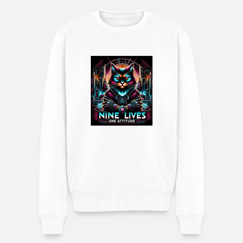 Cyberpunk Cat - Neun Leben, eine Einstellung - Männer Premium Bio Pullover - Weiß