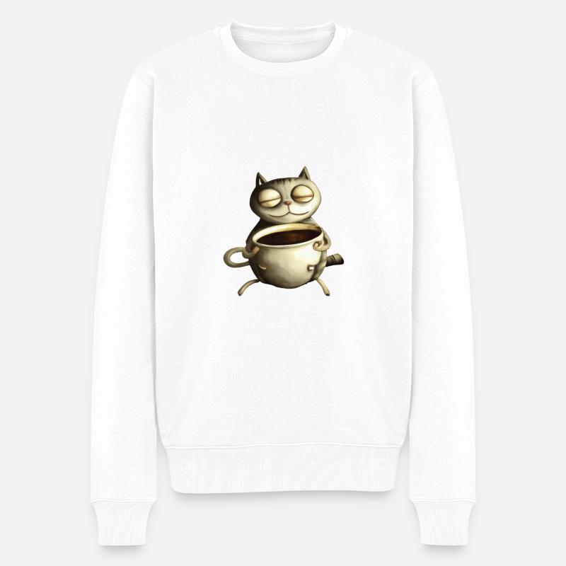 Le chat boit un café - Pull Premium bio Homme - blanc