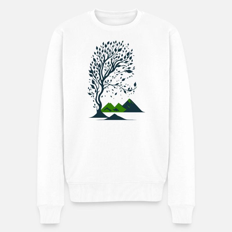 Baum und Berge minimalistisch - Männer Premium Bio Pullover - Weiß