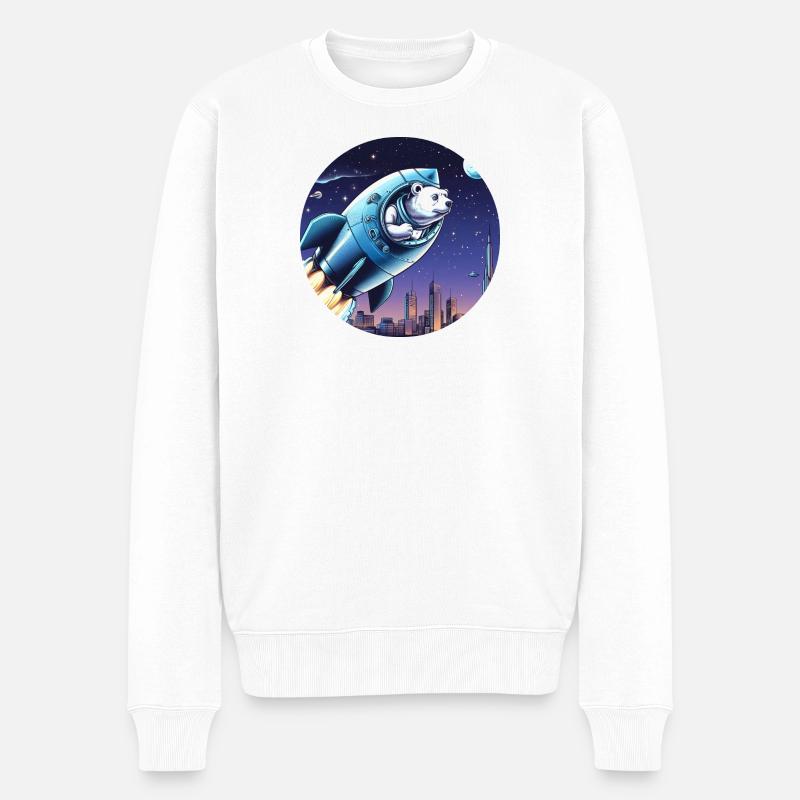 Rakete mit Bär hebt ab ins All vor Nachthimmel - Männer Premium Bio Pullover - Weiß
