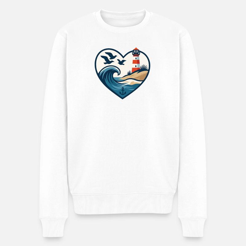 Herz am Meer Leuchtturm Wellen Ostseeliebe  - Männer Premium Bio Pullover - Weiß