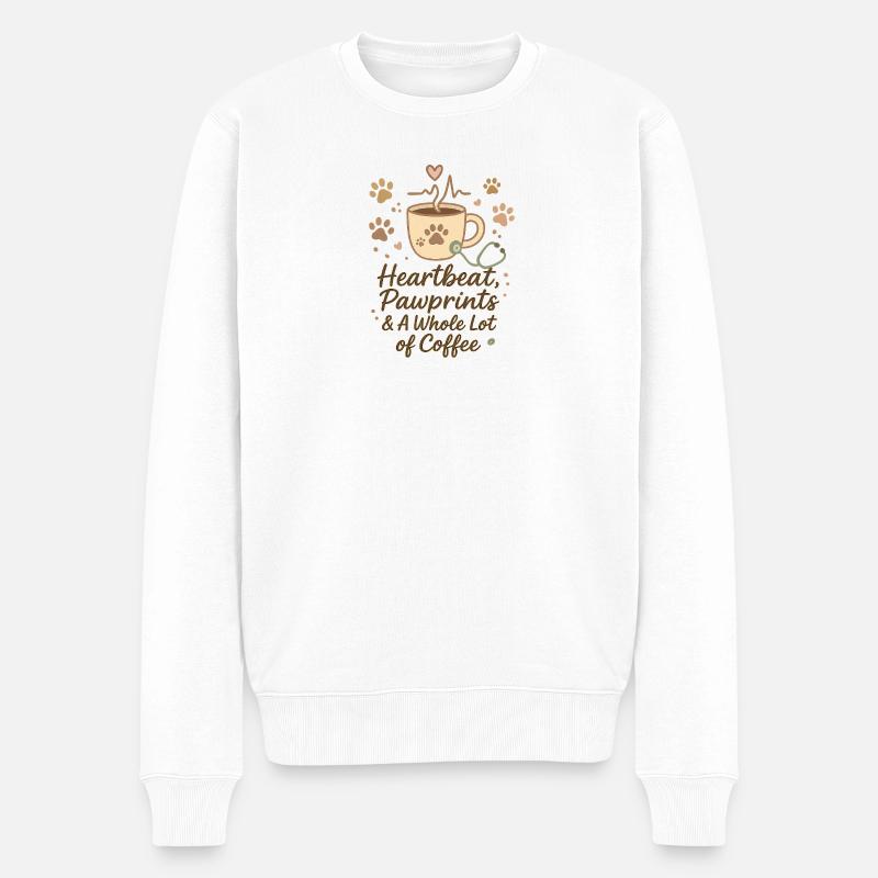 Herzschlag, Pfotenabdrücke & viel Kaffee - Männer Premium Bio Pullover - Weiß
