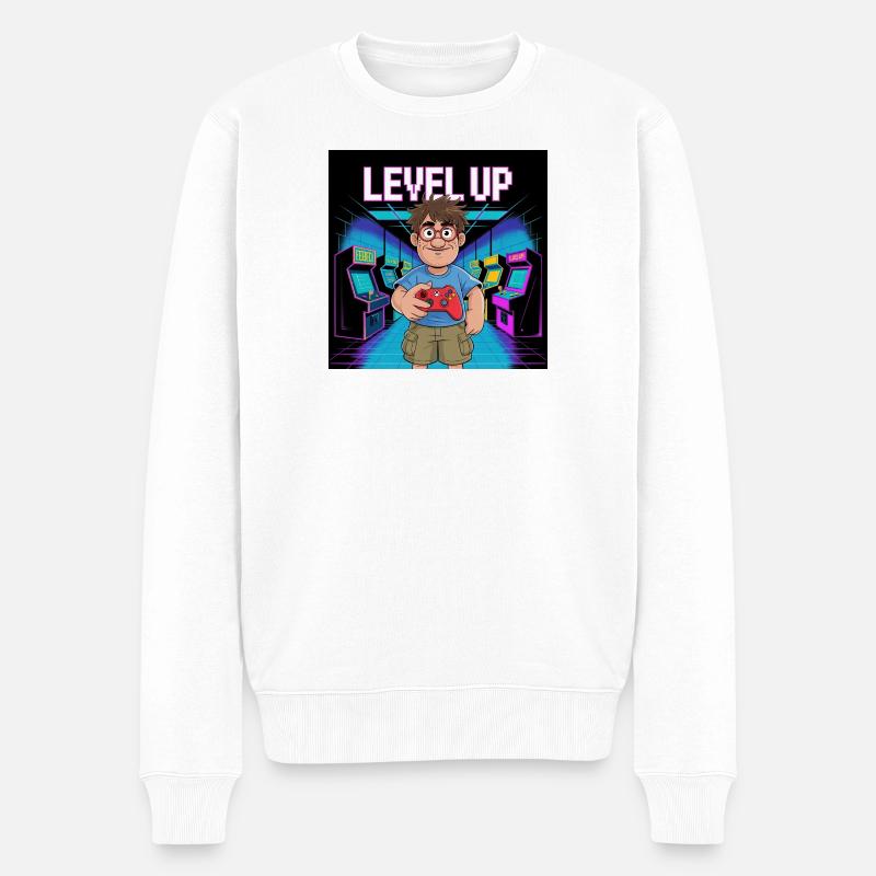 Retro Gamer Level Up Illustration - Männer Premium Bio Pullover - Weiß