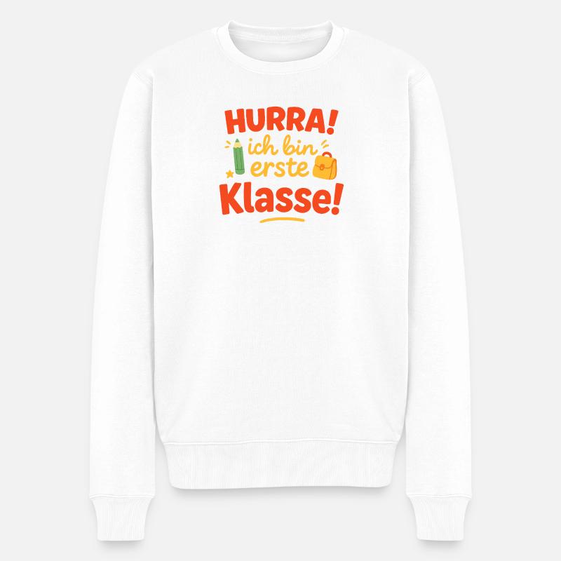 Erste Klassenbeginn Schriftzug mit Schulranzen - Männer Premium Bio Pullover - Weiß