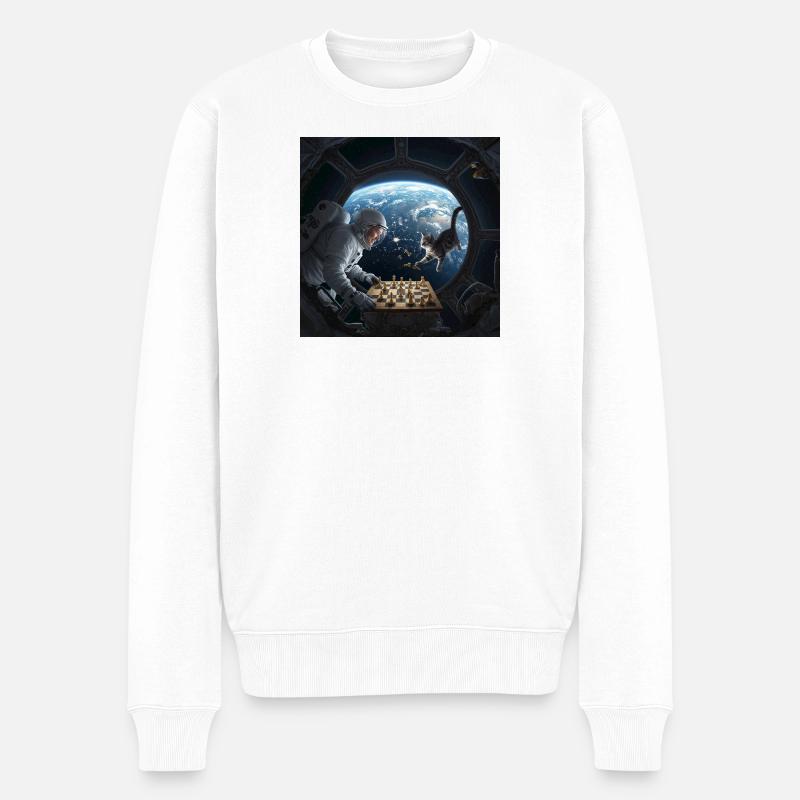 Weltraum-Schach mit Katze - Männer Premium Bio Pullover - Weiß