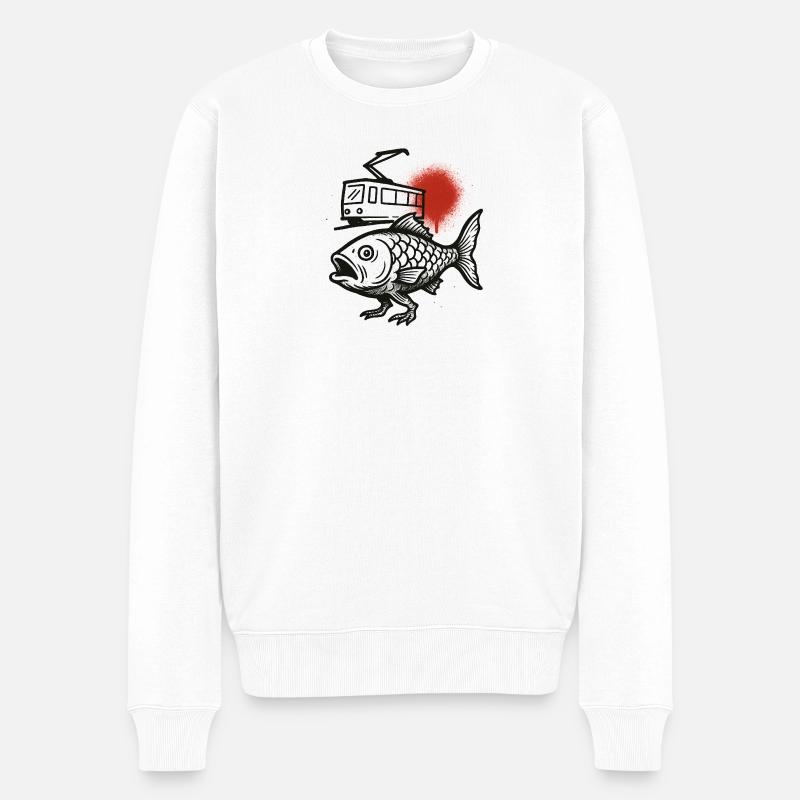 Eine Fischwelle einer Straßenbahn und eine rote Sonne - Männer Premium Bio Pullover - Weiß