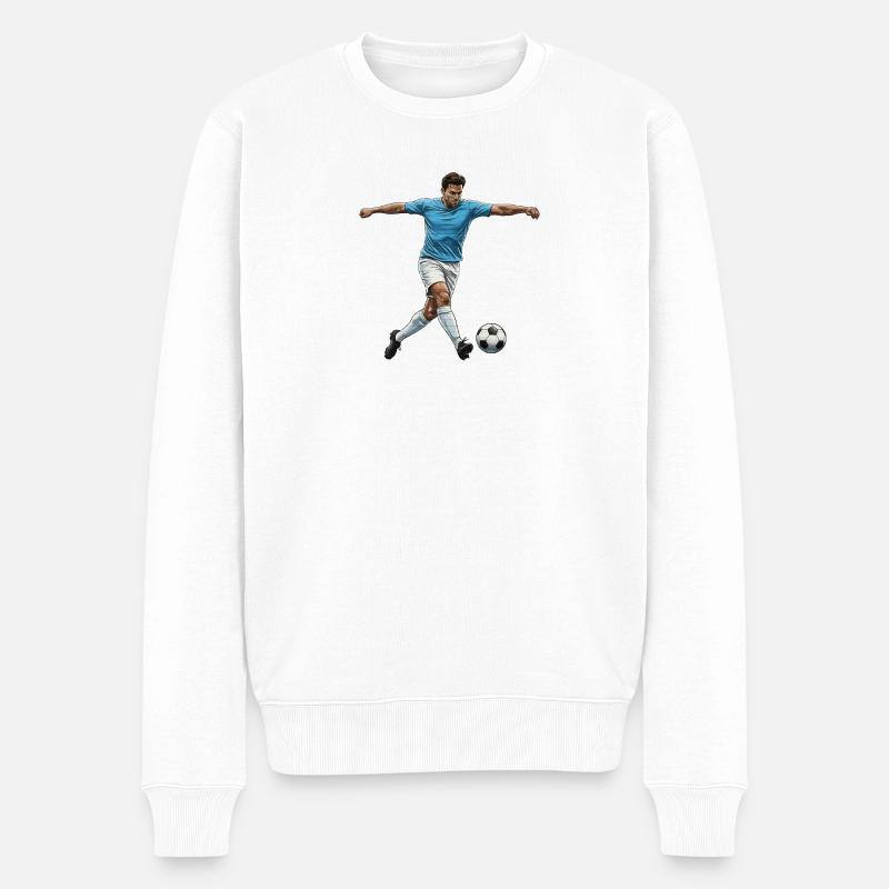 fussballspieler-blau-trikot-torschuss-comic-sti - Männer Premium Bio Pullover - Weiß