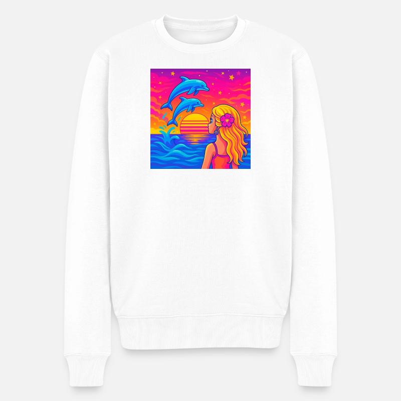 Portrait néon du coucher de dauphin - Pull Premium bio Homme - blanc