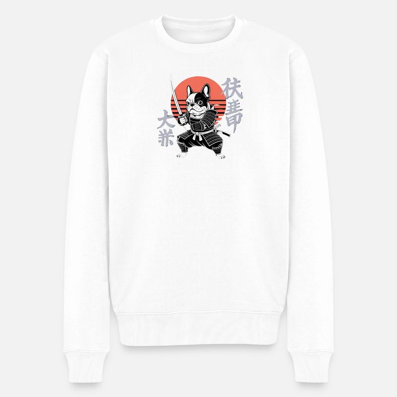 Bouledogue samouraï au soleil d’automne - Pull Premium bio Homme - blanc