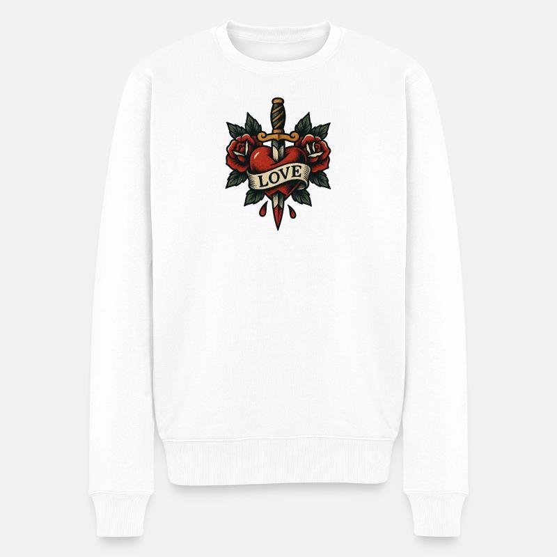Herz Dolch Tattoo mit Rosen - Männer Premium Bio Pullover - Weiß