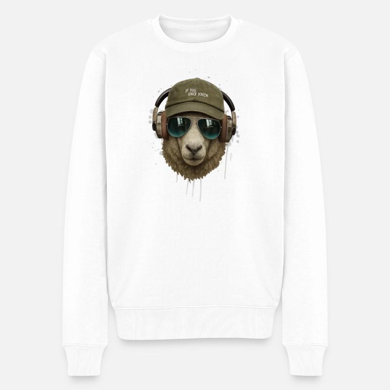 Schaf mit Kopfhörer Retro Stil - Männer Premium Bio Pullover - Weiß