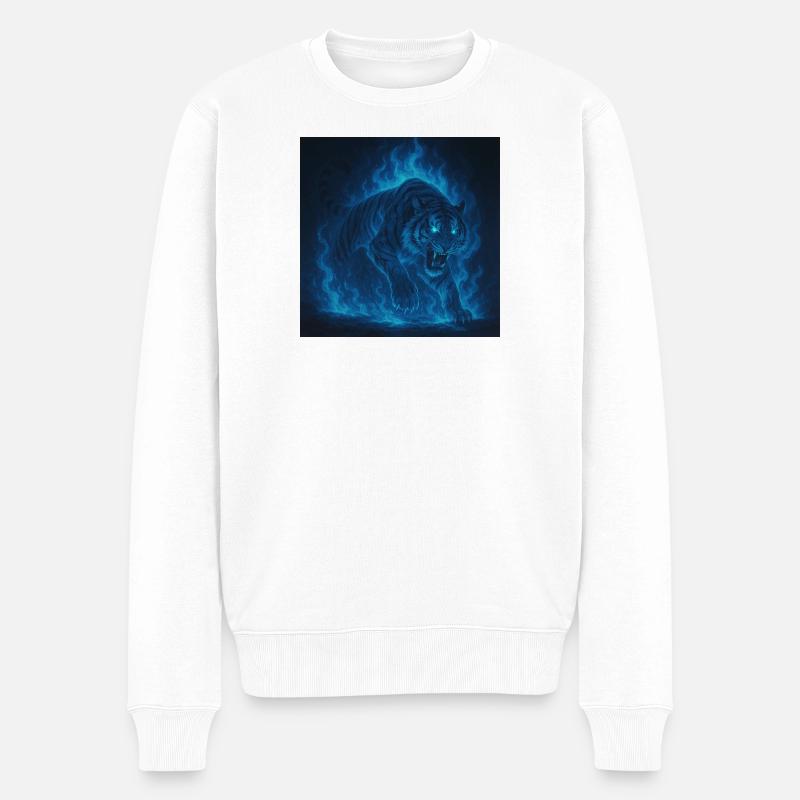 Blaue Neon-Tigerflamme - Männer Premium Bio Pullover - Weiß