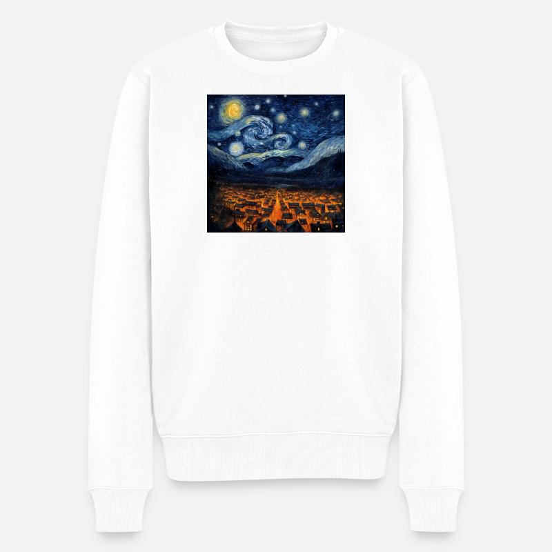 Wirbelnde Nacht über leuchtendem Dorf - Männer Premium Bio Pullover - Weiß