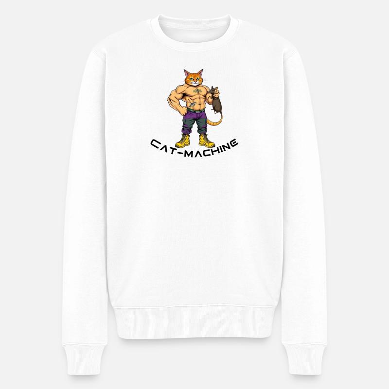 Katzenmuskelheld mit Maus - Männer Premium Bio Pullover - Weiß