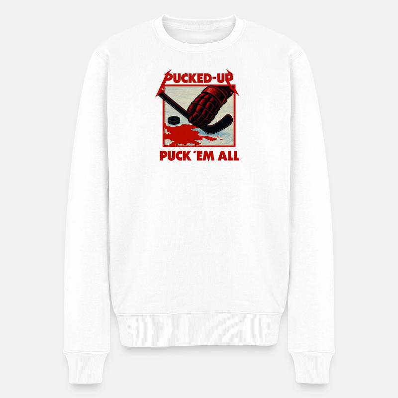 Graphique de hockey rouge sang avec un palet - Pull Premium bio Homme - blanc