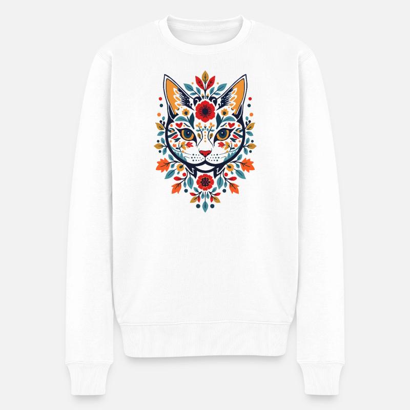 Blumenkatze im Folk-Art Stil - Männer Premium Bio Pullover - Weiß