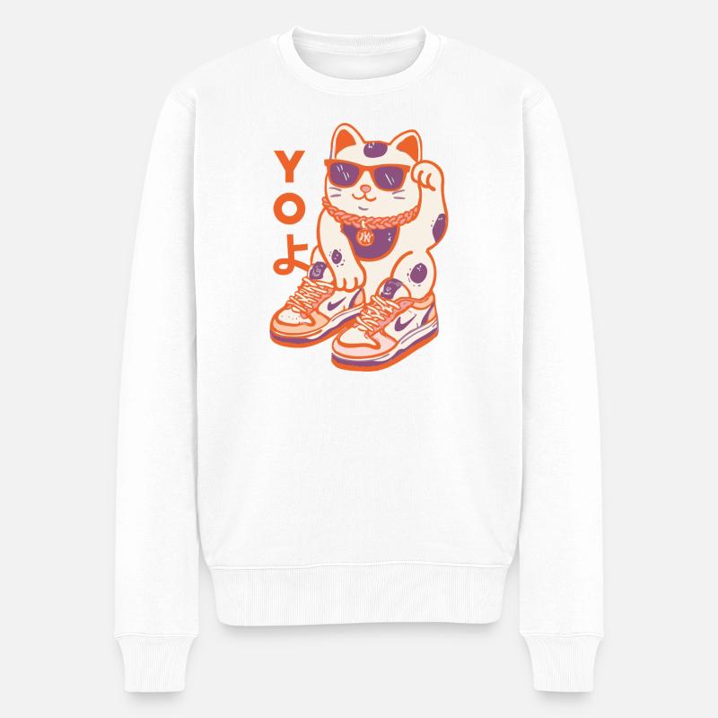 Lucky Cat Streetwear Sneaker-Pose - Männer Premium Bio Pullover - Weiß