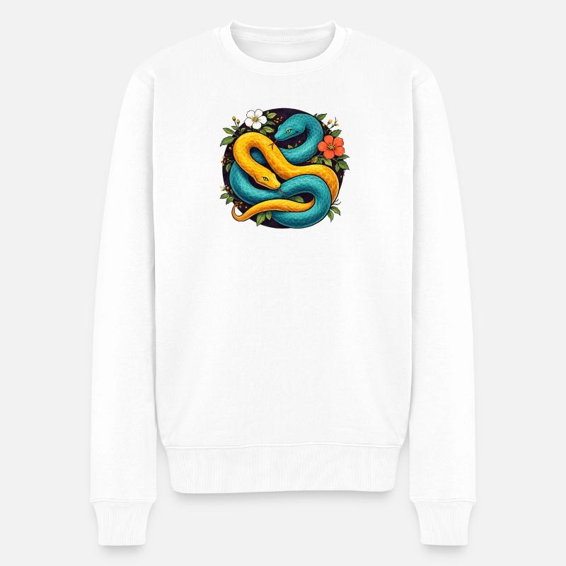 Zwei Pythonschlangen im Blütenring - Männer Premium Bio Pullover - Weiß